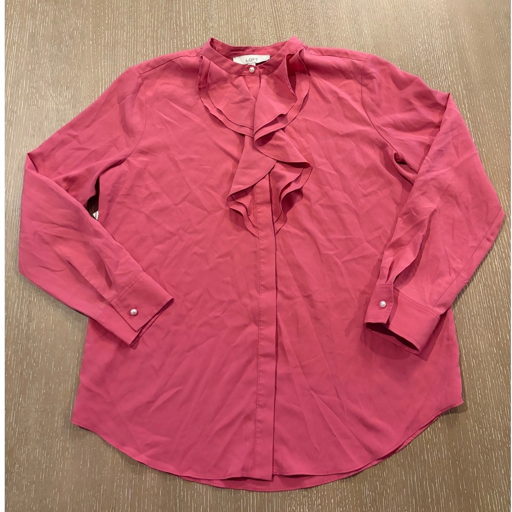 LOFT Womens Pink Ruffle Neck Long Sleeve Blouse Top Size Large L Office Career‎